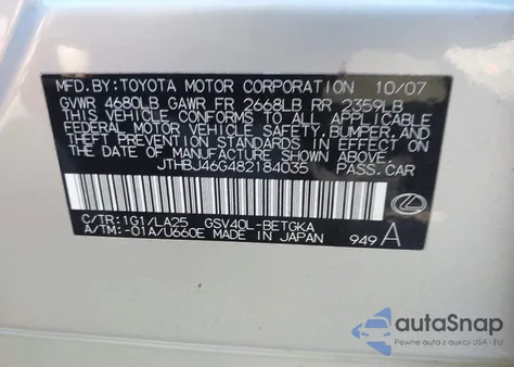 2008 Lexus Es 350 из США, поврежденный, VIN JTHBJ46G482184035